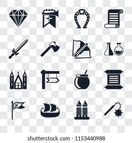 Set Of 16 transparent icons such as Morning star, Tower, Ship, Flag, Scroll, Jewelry, Sword, Church, Crossbow, transparency icon pack, pixel perfect