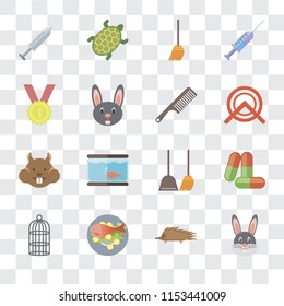 Set Of 16 transparent icons such as Rabbit, Hedgehog, Fish food, Cage, Drugs, Injection, Winner, Hamster, Comb, transparency icon pack, pixel perfect