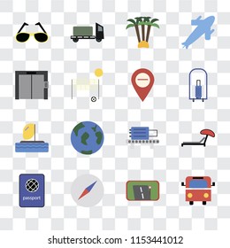 Set Of 16 transparent icons such as Bus, Gps, Compass, Passport, Sunbed, Sunglasses, Elevator, Parasailing, Map, transparency icon pack, pixel perfect