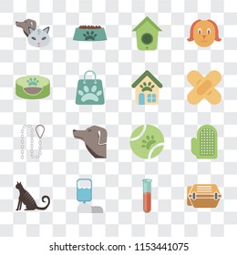 Set Of 16 transparent icons such as Animal carrier, Test tube, Water tank, Cat, Glove, Pet, Pet bed, Leash, shop, transparency icon pack, pixel perfect