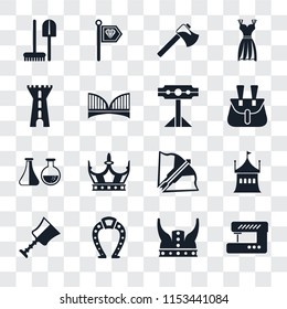 Set Of 16 transparent icons such as Sewing machine, Viking, Horseshoe, Cup, Tent, Tools, Tower, Alchemy, Pillory, transparency icon pack, pixel perfect