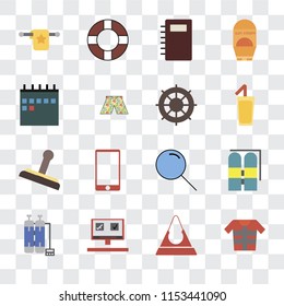 Set Of 16 transparent icons such as Lifejacket, Purse, Booking, Oxygen tank, Aqualung, Towel, Calendar, Stamp, Helm, transparency icon pack, pixel perfect