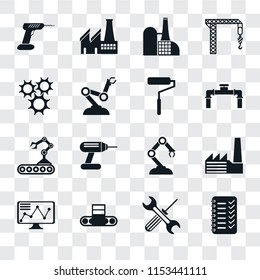 Set Of 16 transparent icons such as Planning, Tools, Conveyor, Stock, Factory, Drill, Cogwheel, Roller, transparency icon pack, pixel perfect