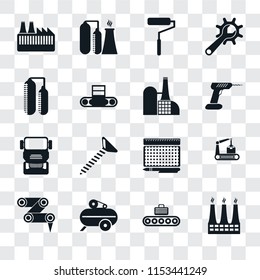 Set Of 16 transparent icons such as Factory, Conveyor, Compressor, Robot arm, Silo, Truck, transparency icon pack, pixel perfect