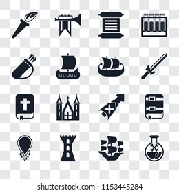 Set Of 16 transparent icons such as Poison, Caravel, Tower, Necklace, Book, Torch, Quiver, Bible, Ship, transparency icon pack, pixel perfect