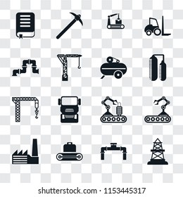 Set Of 16 transparent icons such as Oilfield, Pipe, Conveyor, Factory, Book, Crane, Compressor, transparency icon pack, pixel perfect
