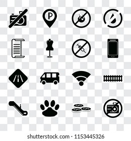 Set Of 16 transparent icons such as No camera, Coins, Pet, Escalator, Train, List, Road, drugs, transparency icon pack, pixel perfect