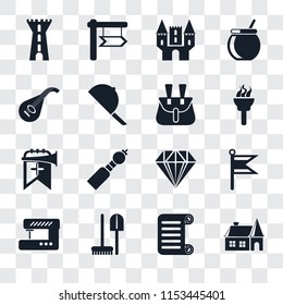 Set Of 16 transparent icons such as House, Scroll, Tools, Sewing machine, Flag, Tower, Lute, Trumpet, Belt pouch, transparency icon pack, pixel perfect
