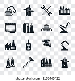 Set Of 16 transparent icons such as Mill, Factory, Screw, Nuclear plant, Robotic arm, Digger, print, Conveyor, transparency icon pack, pixel perfect