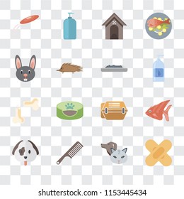 Set Of 16 transparent icons such as Band aid, Pet, Comb, Dog, Fish, Frisbee, Rabbit, Bone, Litter box, transparency icon pack, pixel perfect