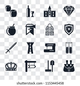 Set Of 16 transparent icons such as Belt pouch, Tools, , Crown, Alchemy, Beer, Cauldron, Sword, Stained glass, transparency icon pack, pixel perfect