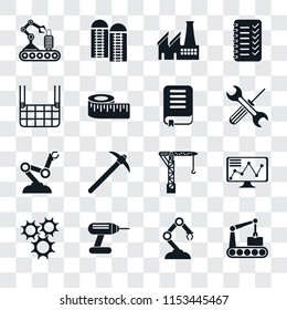 Set Of 16 transparent icons such as Conveyor, Robotic arm, Drill, Cogwheel, Stock, Elevator, Robot Book, transparency icon pack, pixel perfect