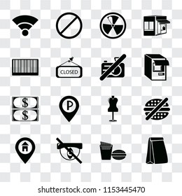 Set Of 16 transparent icons such as Paper bag, Fast food, Hidden, Location, No fast Wifi, Barcode, Money, camera, transparency icon pack, pixel perfect