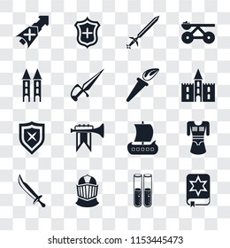 Set Of 16 transparent icons such as Spellbook, Alchemy, Helmet, Sword, Tunic, Lance, Tower, Shield, Torch, transparency icon pack, pixel perfect
