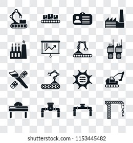 Set Of 16 transparent icons such as Crane, Pipe, Pump, Saw, Excavator, Conveyor, Factory, Wood cutting, transparency icon pack, pixel perfect