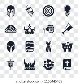 Set Of 16 transparent icons such as Bible, Caravel, Viking, Banner, Castle, Armour, Crown, Helmet, Wheelbarrow, transparency icon pack, pixel perfect