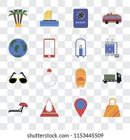 Set Of 16 transparent icons such as Bag, Location, Purse, Sunbed, Trailer, Palm tree, Travel, Sunglasses, Bellhop, transparency icon pack, pixel perfect