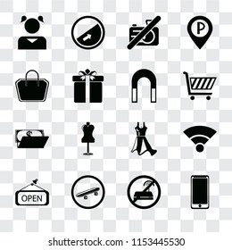 Set Of 16 transparent icons such as Smarthphone, No wifi, Skateboard, Open, Wifi, Girl, Tote bag, Wallet, Magnet, transparency icon pack, pixel perfect