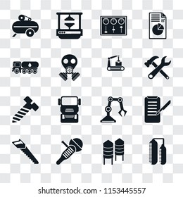 Set Of 16 transparent icons such as Silo, Sanding machine, Saw, Planing, Compressor, Tank truck, Bolt, Conveyor, transparency icon pack, pixel perfect