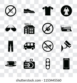 Set Of 16 transparent icons such as Smartphone, Traffic light, Camera, Coffee cup, Cctv, No drugs, Glasses, Jeans, fire, transparency icon pack, pixel perfect