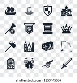 Set Of 16 transparent icons such as Sword, Cannon, Drum, Stained glass window, Bow and arrow, Ship, Fanfare, Axe, Scroll, transparency icon pack, pixel perfect