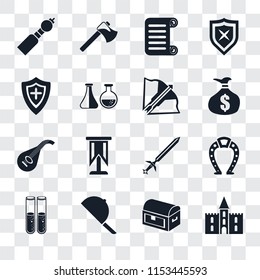 Set Of 16 transparent icons such as Castle, Chest, Hat, Alchemy, Horseshoe, Bladder pipe, Shield, Lute, Crossbow, transparency icon pack, pixel perfect