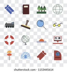 Set Of 16 transparent icons such as Passport, Tickets, Igloo, Pointer, Booking, Railway, Lifebuoy, Search, transparency icon pack, pixel perfect