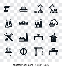 Set Of 16 transparent icons such as Saw, Crane, Machinery, Conveyor, Mill, Drill, Nuclear plant, Wood cutting, Factory, transparency icon pack, pixel perfect