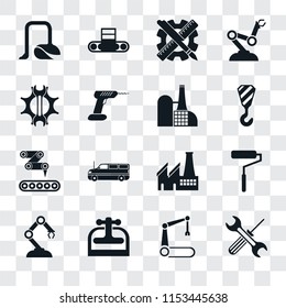 Set Of 16 transparent icons such as Tools, Robotic arm, Machine press, Roller, Vacuum, Settings, Conveyor, Factory, transparency icon pack, pixel perfect