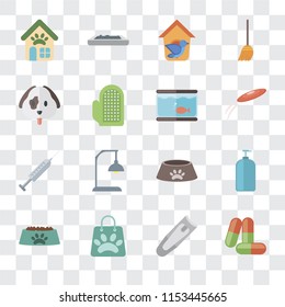 Set Of 16 transparent icons such as Drugs, Nail clippers, Shopping bag, Bowl, Shampoo, Pet shop, Dog, Injection, Aquarium, transparency icon pack, pixel perfect