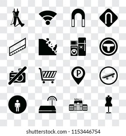 Set Of 16 transparent icons such as Mannequin, Mall, Wifi, Restroom, Skateboard, Dress, Stairs, No camera, Electrical appliances, transparency icon pack, pixel perfect