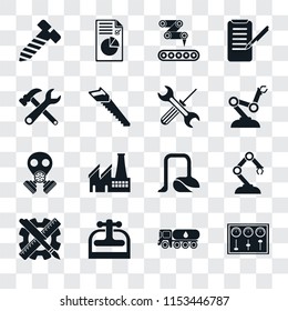 Set Of 16 transparent icons such as Control panel, Tank truck, Machine press, Planning, Robotic arm, Bolt, Tools, Gas mask, transparency icon pack, pixel perfect