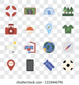 Set Of 16 transparent icons such as Ball, Tickets, Phone, Map, Compass, Lifebuoy, Photography, Beach volleyball, Check in, transparency icon pack, pixel perfect