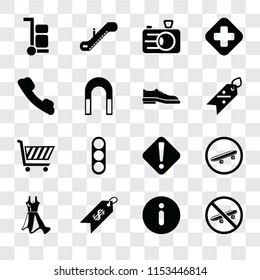 Set Of 16 transparent icons such as Skateboard, Information, Price, Dress, Trolley, Telephone, Shopping cart, Shoes, transparency icon pack, pixel perfect