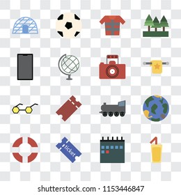 Set Of 16 transparent icons such as Cocktail, Calendar, Tickets, Lifebuoy, Globe, Igloo, Phone, Sunglasses, Photography, transparency icon pack, pixel perfect