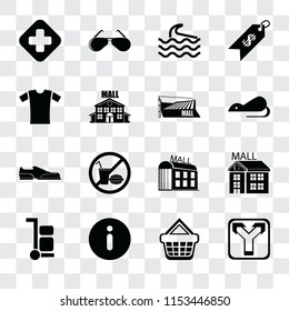 Set Of 16 transparent icons such as Junction, Shopping basket, Information, Trolley, Mall, Hospital, Shirt, Shoes, transparency icon pack, pixel perfect