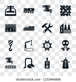 Set Of 16 transparent icons such as Mill, Switch, Vacuum, Conveyor, Gas mask, Machine press, Control panel, Crane, Tools, transparency icon pack, pixel perfect