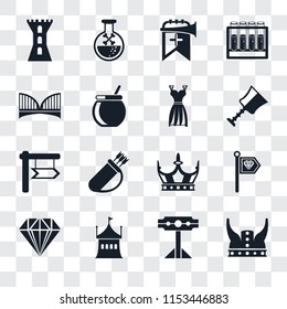 Set Of 16 transparent icons such as Viking, Pillory, Tent, Jewelry, Standard, Tower, Bridge, , Gown, transparency icon pack, pixel perfect