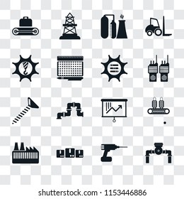 Set Of 16 transparent icons such as Pump, Drill, Packages, Factory, Conveyor, Machinery, Screw, Options, transparency icon pack, pixel perfect