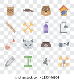 Set Of 16 transparent icons such as Treats, Spider, Platform, Nail clippers, Fish, Pet food, Comb, Fish bone, Shampoo, transparency icon pack, pixel perfect