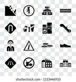 Set Of 16 transparent icons such as Mall, No food, Road, Shoes, Falling rocks, Turn, Boy, Electrical appliances, transparency icon pack, pixel perfect