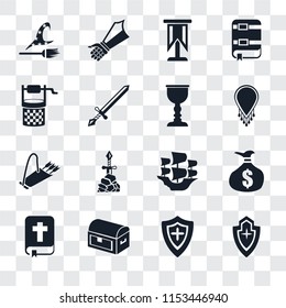 Set Of 16 transparent icons such as Shield, Chest, Bible, Money bag, Witch, Water well, Quiver, Goblet, transparency icon pack, pixel perfect