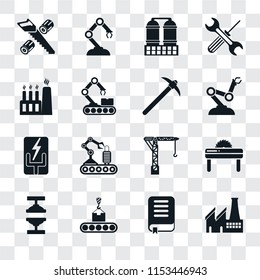 Set Of 16 transparent icons such as Factory, Book, Conveyor, Machine press, Saw, Wood cutting, Electricity, Pick, transparency icon pack, pixel perfect
