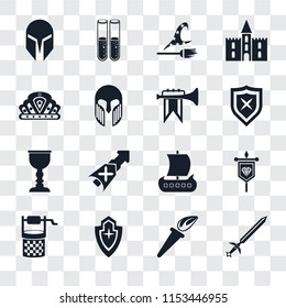 Set Of 16 transparent icons such as Sword, Torch, Shield, Water well, Banner, Helmet, Crown, Goblet, Fanfare, transparency icon pack, pixel perfect