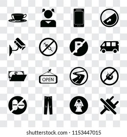 Set Of 16 transparent icons such as No plug, Restroom, Jeans, drugs, fire, Coffee cup, Cctv, Wallet, parking, transparency icon pack, pixel perfect
