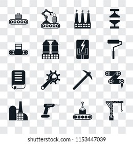 Set Of 16 transparent icons such as Crane, Conveyor, Drill, Factory, Robot arm, Book, Electricity, transparency icon pack, pixel perfect