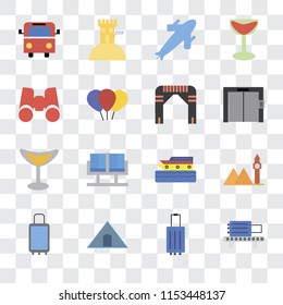 Set Of 16 transparent icons such as Check out, Luggage, Tent, Suitcases, Landmark, Bus, Binoculars, Cocktail, Arch, transparency icon pack, pixel perfect