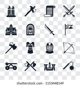 Set Of 16 transparent icons such as Morning star, Castle, Axes, Trebuchet, Bow and arrow, Tower, Axe, Sword, transparency icon pack, pixel perfect