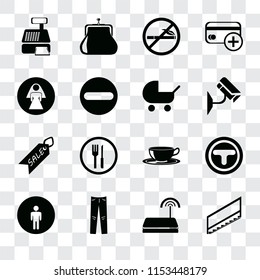 Set Of 16 transparent icons such as Stairs, Wifi, Jeans, Restroom, Junction, Cashier machine, Sale, Baby carriage, transparency icon pack, pixel perfect