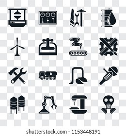 Set Of 16 transparent icons such as Gas mask, Machine, Industrial robot, Silo, Sanding machine, Machine press, Windmill, Tools, Conveyor, transparency icon pack, pixel perfect